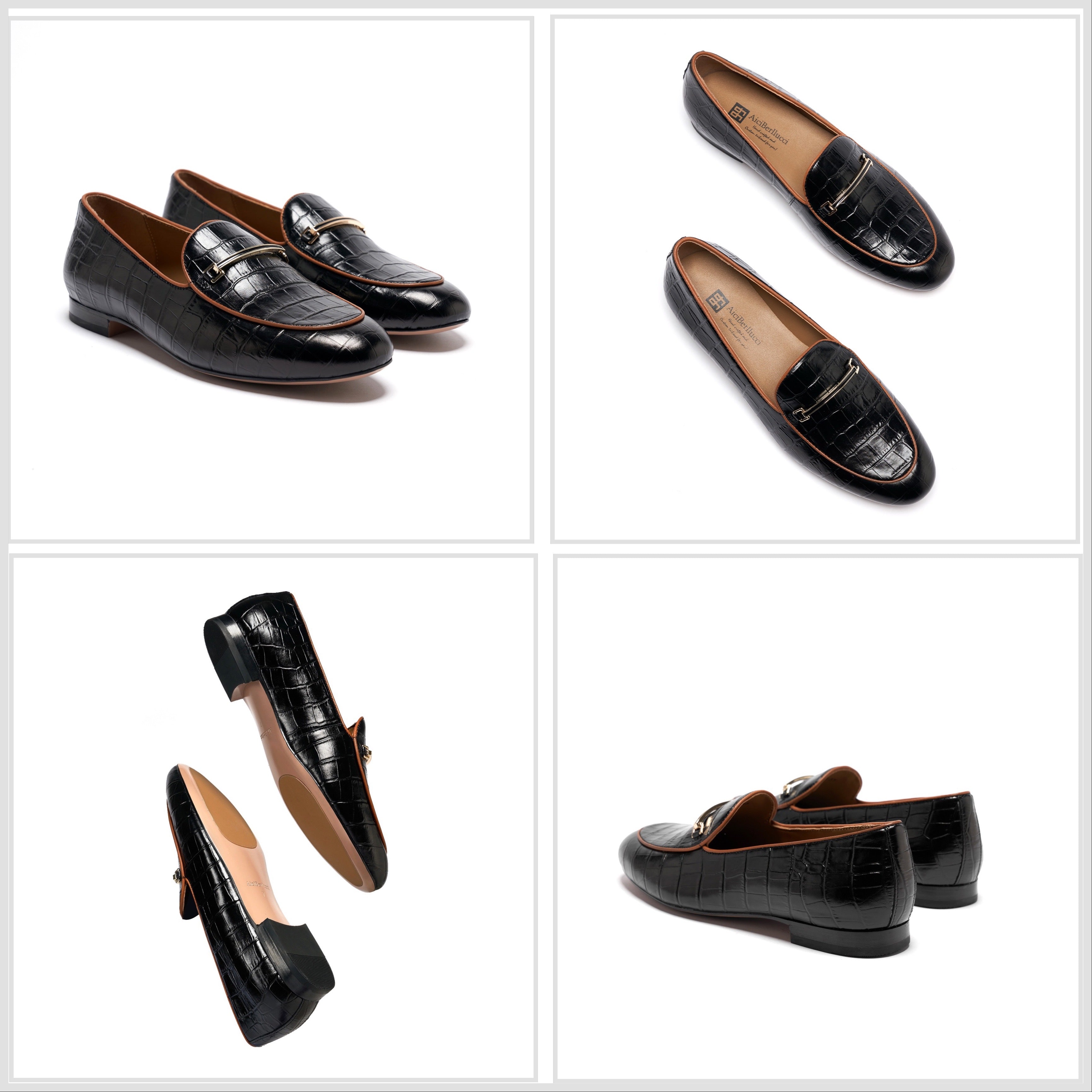 AiciBerllucci-Prime-Black Crocodile Embossed Leather  Women's Loafers & Slip-Ons Comfortable Wide Loafers for Women Casual Women's Flats Driving Shoes