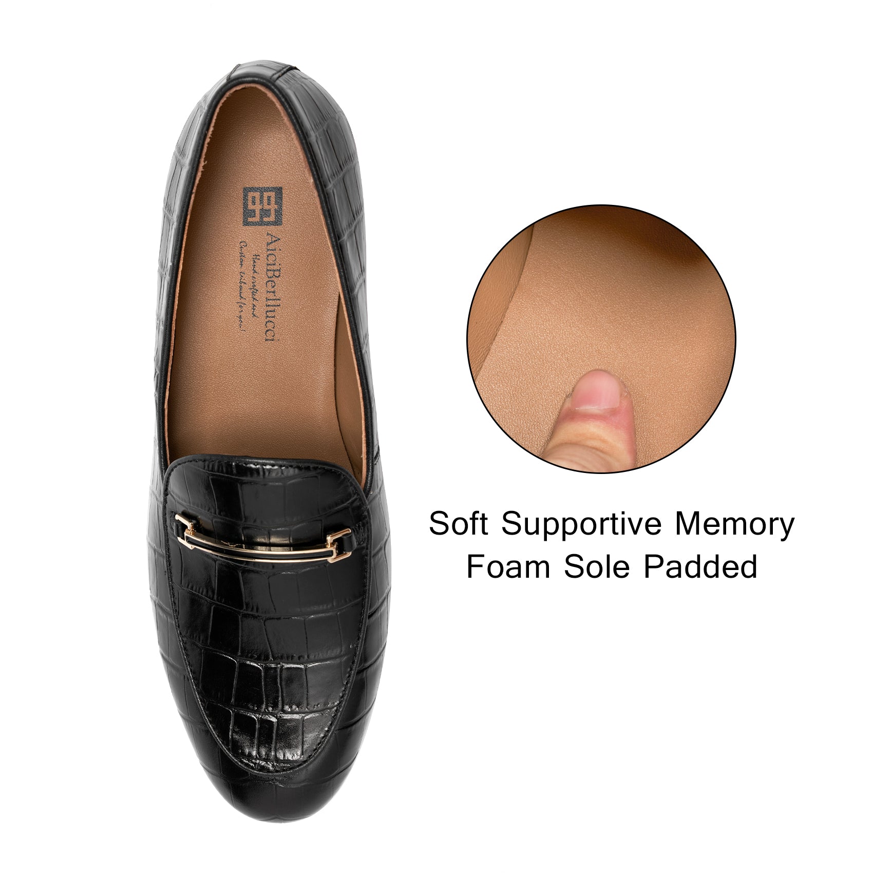 AiciBerllucci  Prime  Black Crocodile Embossed Leather  Women's Loafers & Slip-Ons Comfortable Wide Loafers for Women Casual Women's Flats Driving Shoes