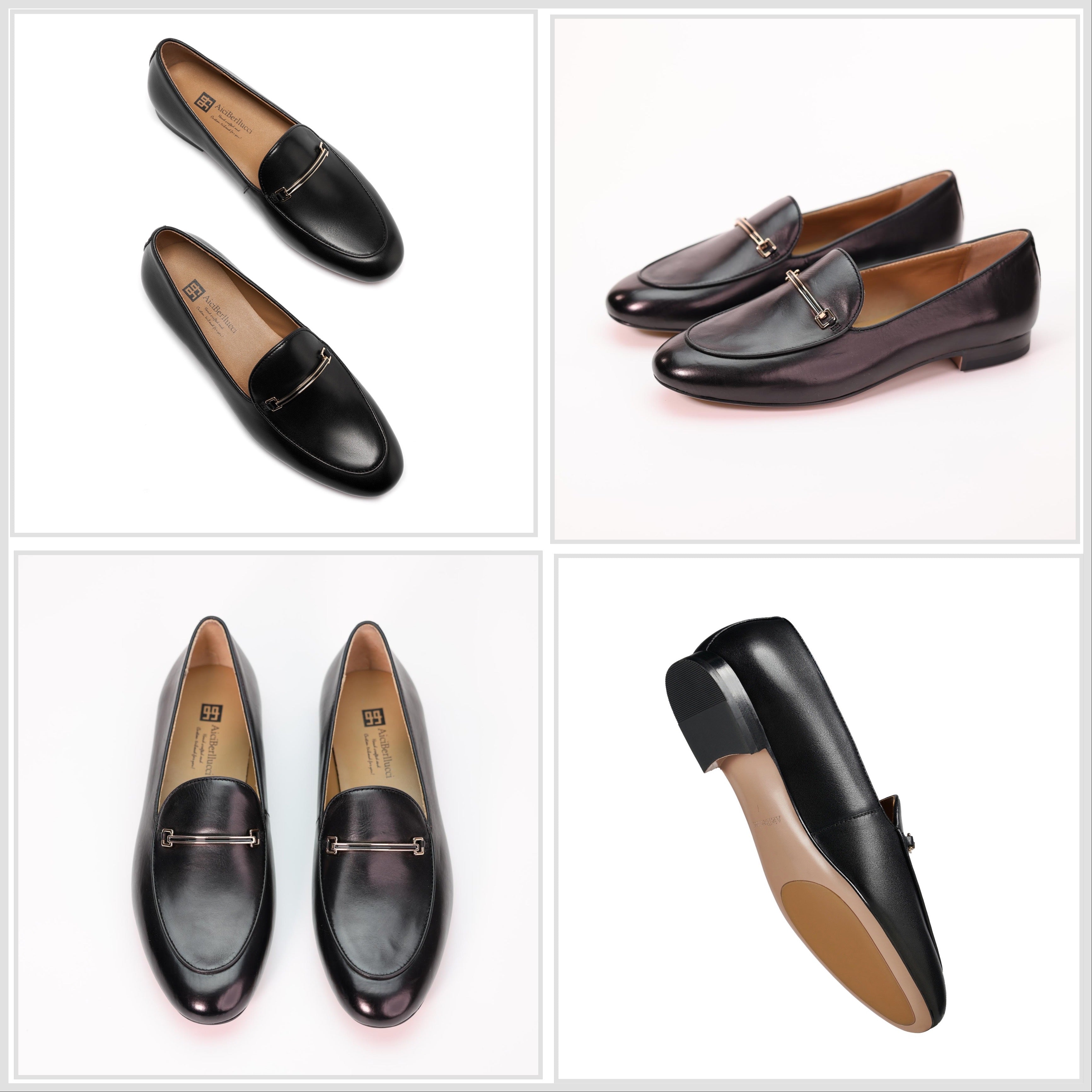 AiciBerllucci Prime Women's Leather Loafer Shoes Casual Flat Shoes for  Women Ladies Black Calfskin Leather