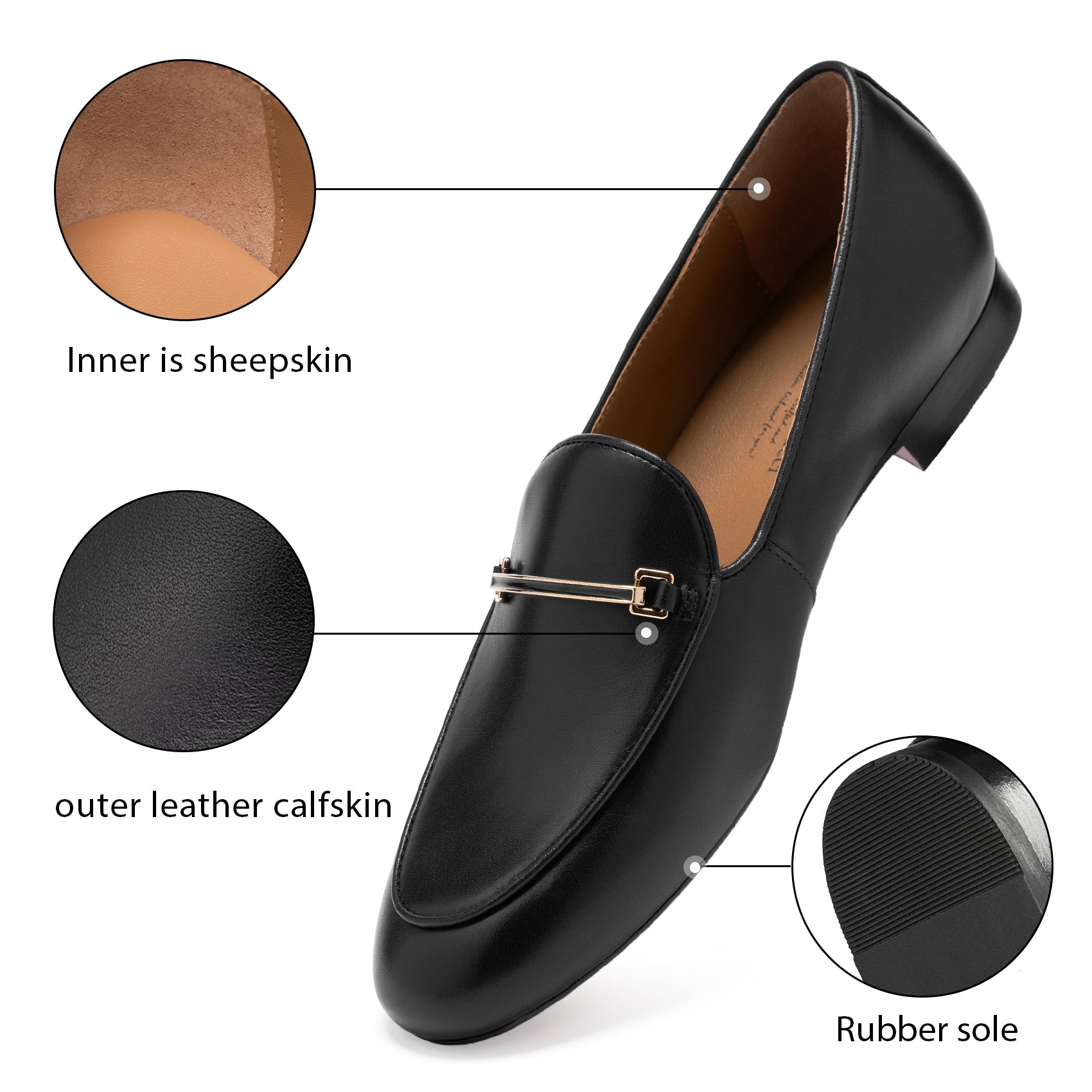 AiciBerllucci Prime Women's Leather Loafer Shoes Casual Flat Shoes for  Women Ladies Black Calfskin Leather